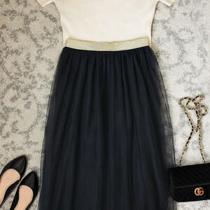 Lauren Conrad Black Tulle Midi Skirt with Gold Trim